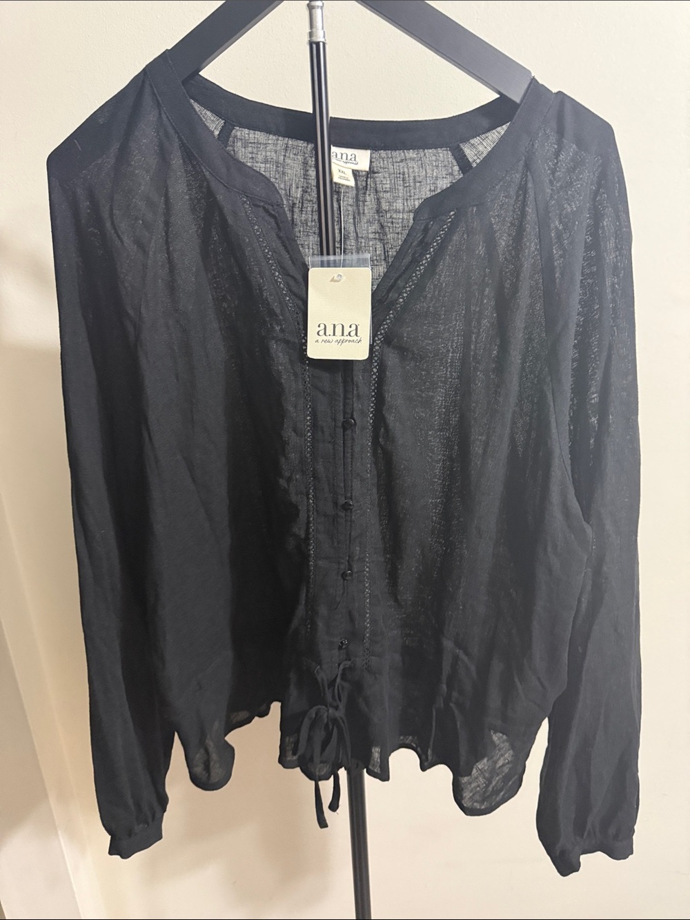 a.n.a Black Semi-Sheer Buttoned Long-Sleeve Blouse with Tie Hem